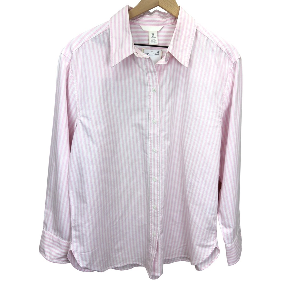 NEW H&M Pink White Striped Cotton Button Down Oxford Womens Size M Preppy Pastel